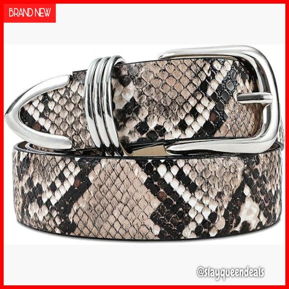 Women's Leather Belt Gold Buckle Snake Texture Waist Belt for Jeans